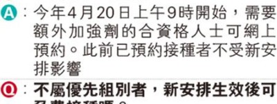 加強劑4‧20起需自費 5類人豁免 非「優先組別」者 生效日前預約續免費